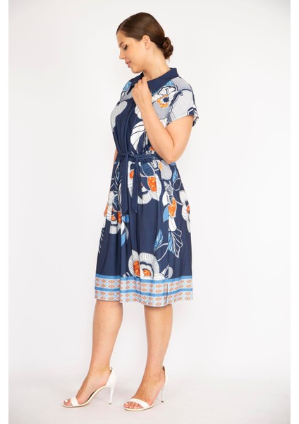 Kadın Lacivert Büyük Beden Yakalı Ön Pat Fermuarlı Beli Kuşaklı Elbise modelleri