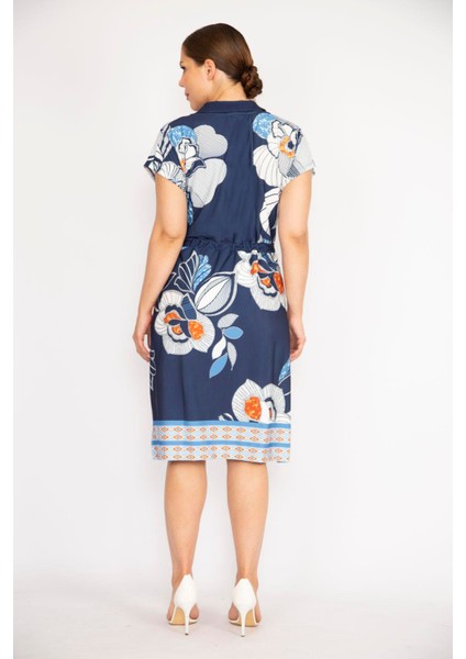 Kadın Lacivert Büyük Beden Yakalı Ön Pat Fermuarlı Beli Kuşaklı Elbise fırsatları