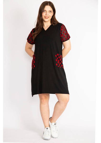 Kadın Siyah Büyük Beden Kol Ve Cepleri Desenli Tül Detaylı V Yakalı Elbise