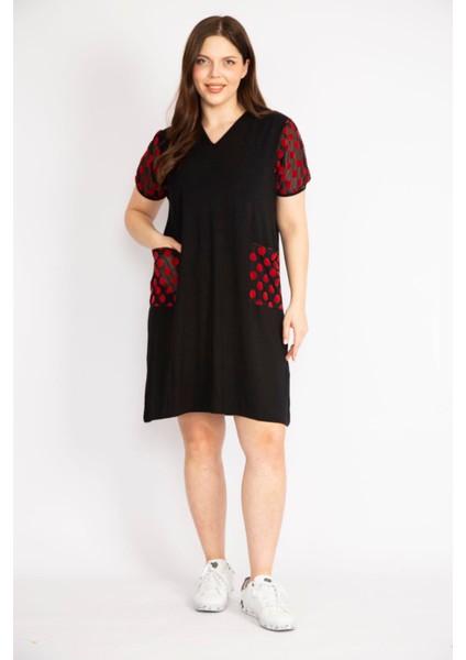 Kadın Siyah Büyük Beden Kol Ve Cepleri Desenli Tül Detaylı V Yakalı Elbise