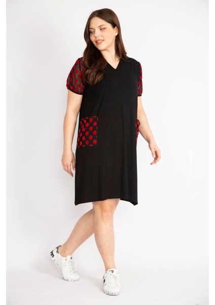 Kadın Siyah Büyük Beden Kol Ve Cepleri Desenli Tül Detaylı V Yakalı Elbise