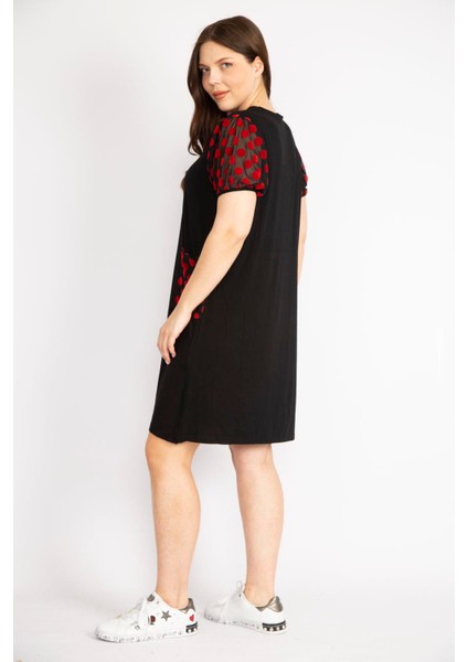 Kadın Siyah Büyük Beden Kol Ve Cepleri Desenli Tül Detaylı V Yakalı Elbise