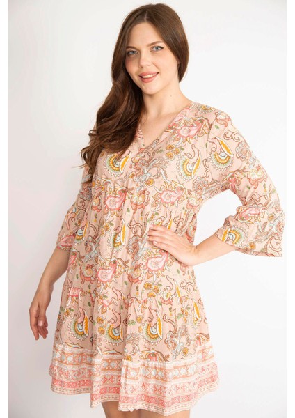 Kadın Renkli Büyük Beden Dokuma Viskon Kumaş V Yakalı Etek Ucu Katlı Elbise