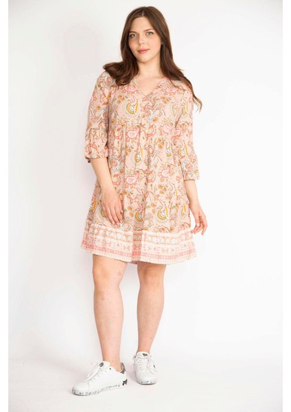 Kadın Renkli Büyük Beden Dokuma Viskon Kumaş V Yakalı Etek Ucu Katlı Elbise modelleri