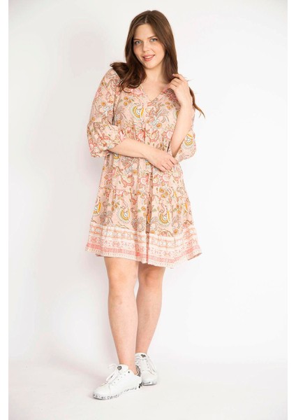 Kadın Renkli Büyük Beden Dokuma Viskon Kumaş V Yakalı Etek Ucu Katlı Elbise fırsatları