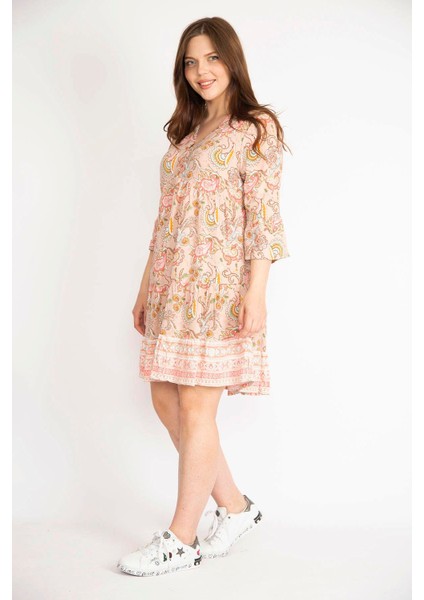 Kadın Renkli Büyük Beden Dokuma Viskon Kumaş V Yakalı Etek Ucu Katlı Elbise indirimleri