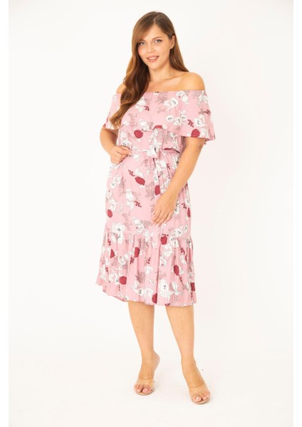 Kadın Büyük Beden Pembe Dokuma Viskon Kumaş Yakası Lastik Ve Volan Detaylı Elbise 65N36783 fiyatları