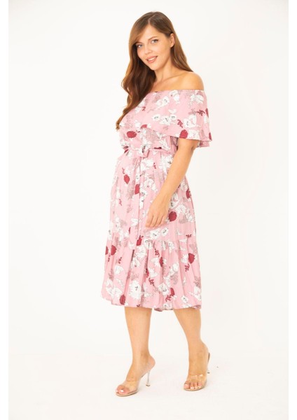 Kadın Büyük Beden Pembe Dokuma Viskon Kumaş Yakası Lastik Ve Volan Detaylı Elbise 65N36783 modelleri