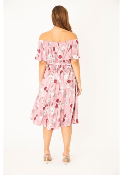 Kadın Büyük Beden Pembe Dokuma Viskon Kumaş Yakası Lastik Ve Volan Detaylı Elbise 65N36783 indirimleri