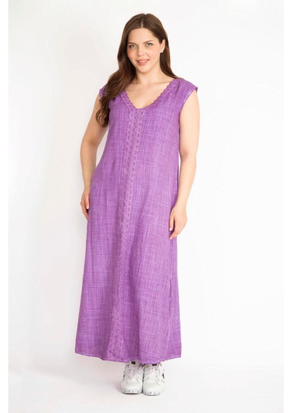 Kadın Eflatun Büyük Beden Dantel Detaylı V Yaka Yan Yırtmaçlı Keten Elbise