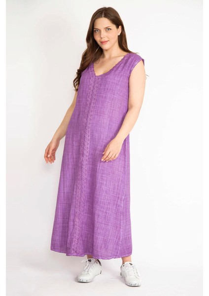 Kadın Eflatun Büyük Beden Dantel Detaylı V Yaka Yan Yırtmaçlı Keten Elbise