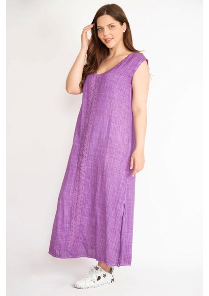 Kadın Eflatun Büyük Beden Dantel Detaylı V Yaka Yan Yırtmaçlı Keten Elbise fiyatları