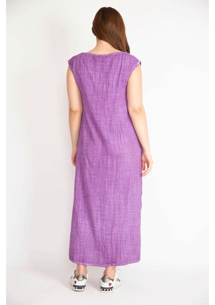 Kadın Eflatun Büyük Beden Dantel Detaylı V Yaka Yan Yırtmaçlı Keten Elbise modelleri