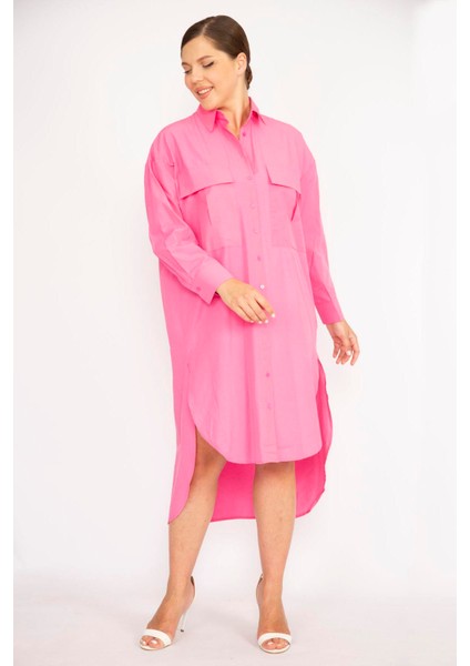 Kadın Büyük Beden Pembe Poplin Kumaş Ön Düğmeli Göğüs Cepli Arkası Uzun Tunik Elbise 65N36788