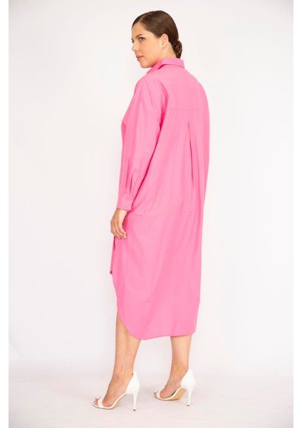 Kadın Büyük Beden Pembe Poplin Kumaş Ön Düğmeli Göğüs Cepli Arkası Uzun Tunik Elbise 65N36788