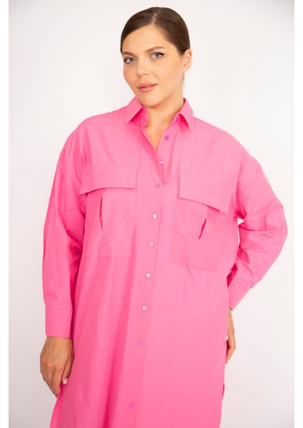 Kadın Büyük Beden Pembe Poplin Kumaş Ön Düğmeli Göğüs Cepli Arkası Uzun Tunik Elbise 65N36788