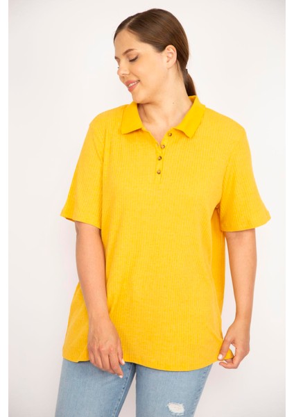 Kadın Hardal Büyük Beden Polo Yaka Ön Pat Düğmeli Kaşkorse Kumaş Kısa Kollu Bluz
