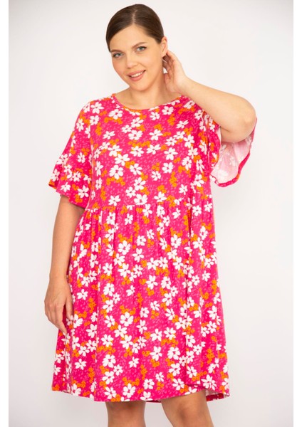 Kadın Büyük Beden Renkli Bisiklet Yakalı Volan Kollu Belden Büzgülü Elbise