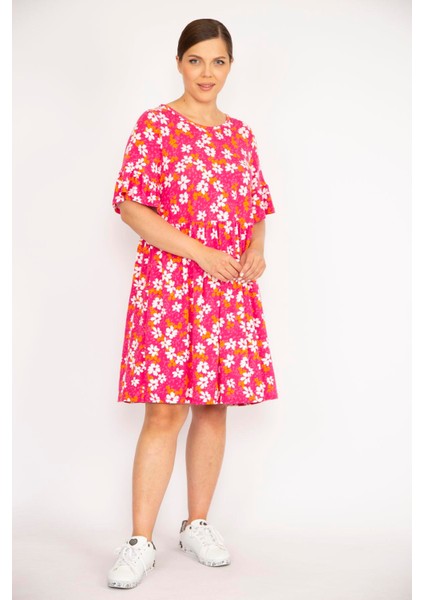 Kadın Büyük Beden Renkli Bisiklet Yakalı Volan Kollu Belden Büzgülü Elbise modelleri