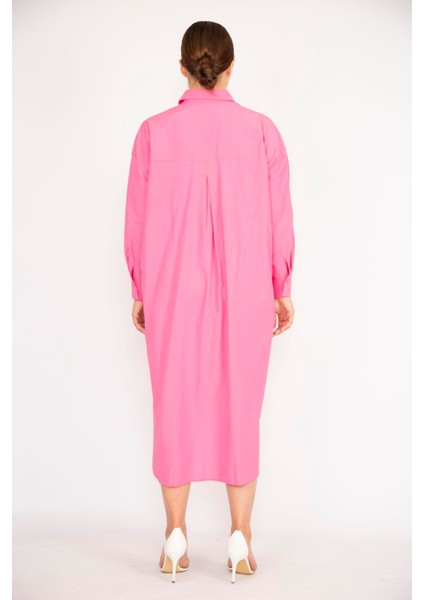 Kadın Büyük Beden Pembe Poplin Kumaş Ön Düğmeli Göğüs Cepli Arkası Uzun Tunik Elbise 65N36788 fırsatları