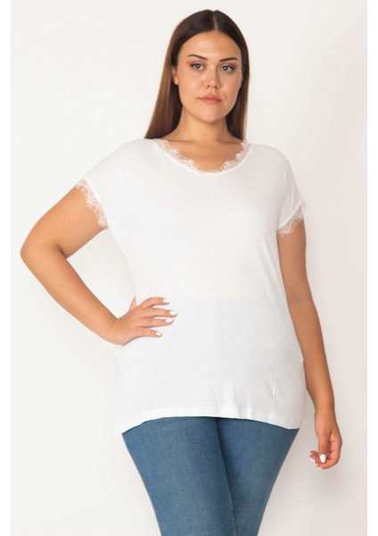 Kadın Beyaz Büyük Beden Pamuklu Kumaş V Yakalı Dantel Detaylı Düşük Kollu Bluz modelleri