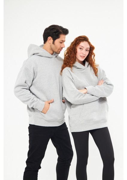 Unisex Gri Oversize İçi Puflu Kapüşonlu Bol Kalıp Sweatshirt Hoodie