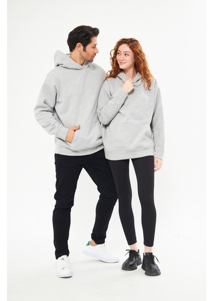 Unisex Gri Oversize İçi Puflu Kapüşonlu Bol Kalıp Sweatshirt Hoodie