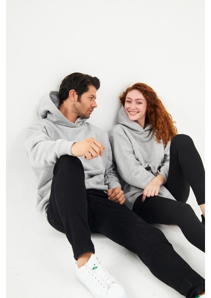 Unisex Gri Oversize İçi Puflu Kapüşonlu Bol Kalıp Sweatshirt Hoodie fiyatları