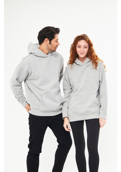 Unisex Gri Oversize İçi Puflu Kapüşonlu Bol Kalıp Sweatshirt Hoodie fırsatları