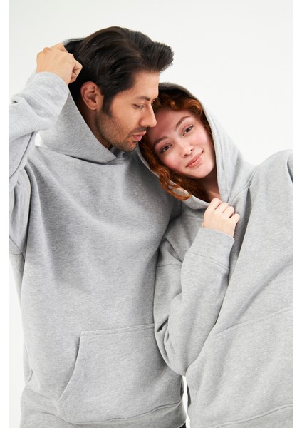 Unisex Gri Oversize İçi Puflu Kapüşonlu Bol Kalıp Sweatshirt Hoodie indirimleri