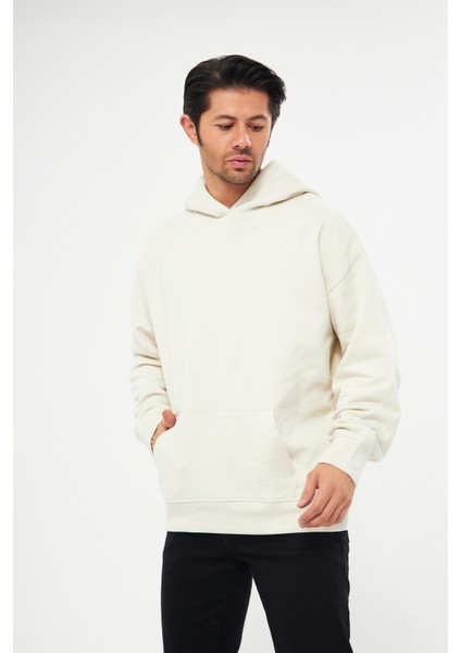 Unisex Ekru Krem Oversize İçi Puflu Kapüşonlu Bol Kalıp Sweatshirt Hoodie