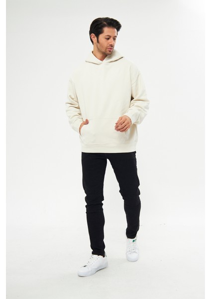 Unisex Ekru Krem Oversize İçi Puflu Kapüşonlu Bol Kalıp Sweatshirt Hoodie fiyatları