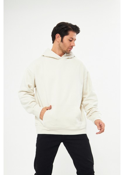Unisex Ekru Krem Oversize İçi Puflu Kapüşonlu Bol Kalıp Sweatshirt Hoodie indirimleri