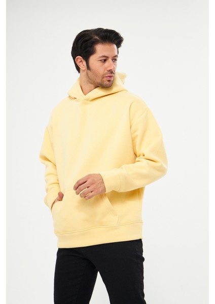 Unisex Açık Sarı Oversize İçi Puflu Kapüşonlu Bol Kalıp Sweatshirt Hoodie