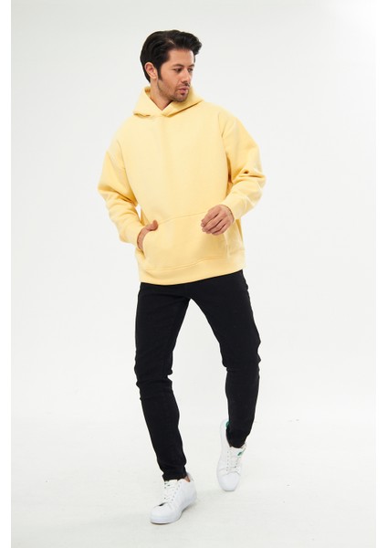 Unisex Açık Sarı Oversize İçi Puflu Kapüşonlu Bol Kalıp Sweatshirt Hoodie modelleri