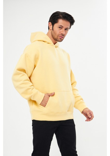 Unisex Açık Sarı Oversize İçi Puflu Kapüşonlu Bol Kalıp Sweatshirt Hoodie fırsatları