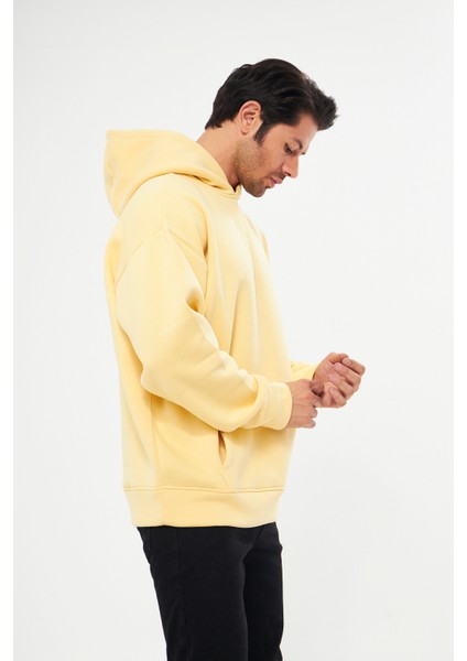 Unisex Açık Sarı Oversize İçi Puflu Kapüşonlu Bol Kalıp Sweatshirt Hoodie indirimleri