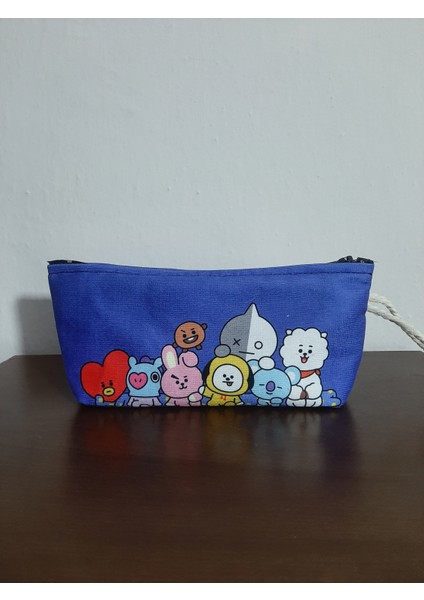 Kpop - BT21 Karakterleri Mavi Desenli Tasarım Kalemlik - Makyaj Çantası - 14 x 21