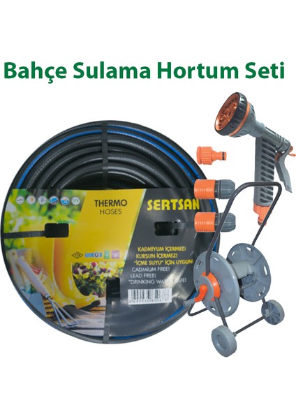 Bahçe Sulama Seti 6 Fonksiyonlu Tabanca, Ayar Seti, Hortum Makarası ve 25 Metre Termo Kauçuk Hortum
