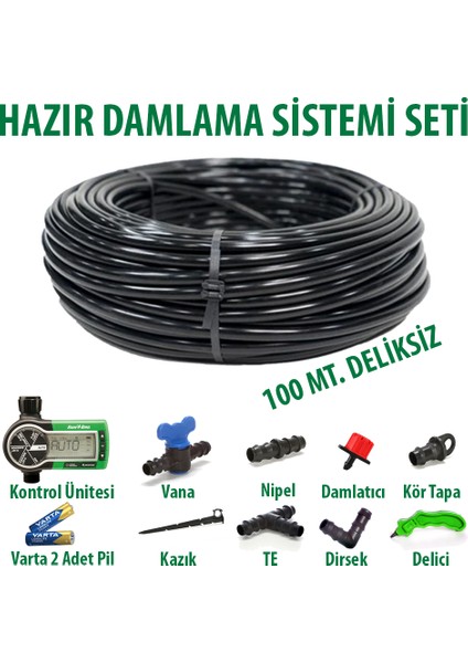 Otomatik Sulama Sistemli 16X0,9MM 100 Metre Düz Damlama Borusu Sistemi Hazır Damlama Seti