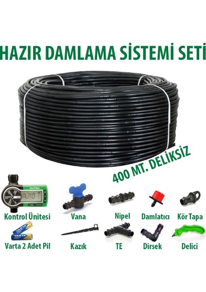 Otomatik Sulama Sistemli 16X0,9MM 400 Metre Düz Damlama Borusu Sistemi Hazır Damlama Seti