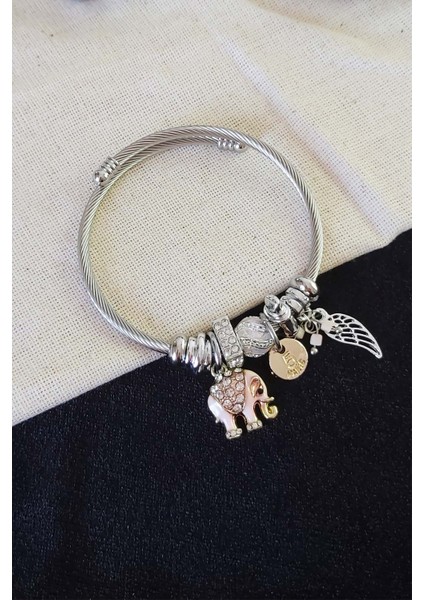 Pembe Fil Charmlı Melek Kanadı Pandora Modeli Çelik Bileklik
