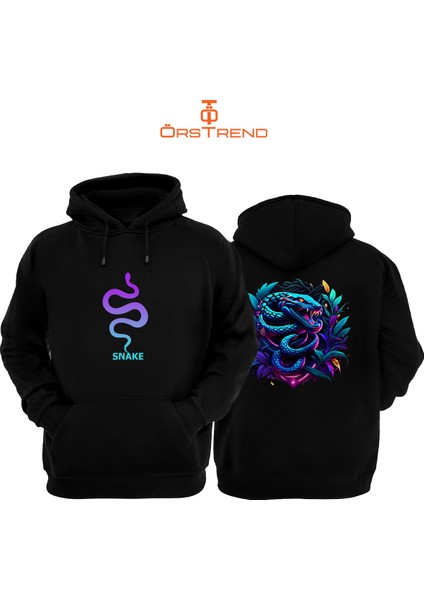 Snake Devil Baskılı 3 Iplik Unisex Siyah Kapüşonlu Sweatshirt