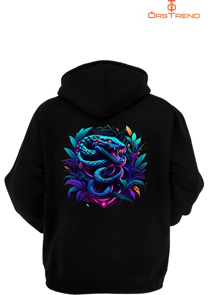 Snake Devil Baskılı 3 Iplik Unisex Siyah Kapüşonlu Sweatshirt modelleri