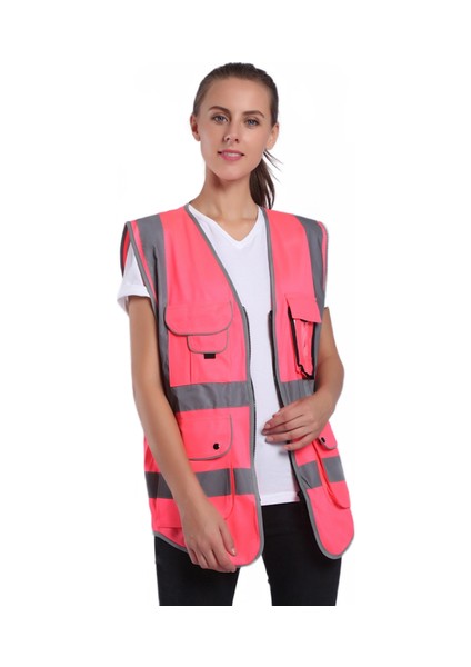 Kadınlar Için Pembe Güvenlik Yeleği Hi Vis Yelek Yansıtıcı Çizgili İle Cepler Ve Fermuar Güvenlik Yeleği | Güvenlik Giyim (Yurt Dışından) indirimleri