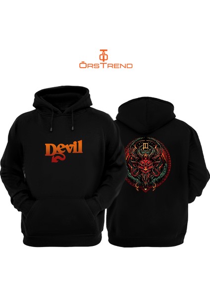 Devil Baskılı 3 Iplik Unisex Siyah Kapüşonlu Sweatshirt