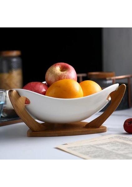 Nordic Art Seramik Meyve Kase Salata Kase Bambu ile Ahşap Standı Minimalist Oturma Odası Yemek Masası Snack Tatlı Saklama Kasesi | Yemekler ve Amp;tabaklar (Yurt Dışından)