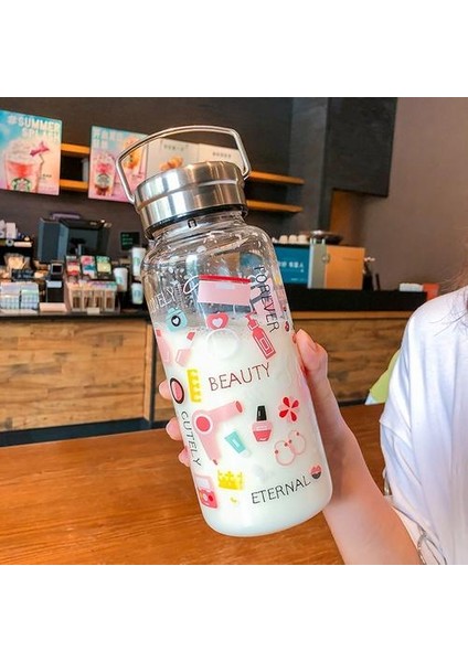 Moda Grafiti Cam Su Şişesi 1000 ml Yetişkin Spor Büyük Kapasiteli Şeffaf Uzay Kupası Taşınabilir Çay Süzgeci Filtre Şişeleri | Su Şişeleri (Pembe) (Yurt Dışından)