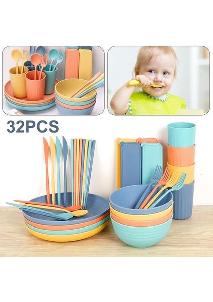 Buğday Saman Yemeği Setleri 32 Adet Yemek Seti Büyük Yemek Plakaları Bardak Kaseler Çatal Mikrodalga Bulaşık Makinesi Çocuklar Için Toddler | Kaseler (Yurt Dışından)