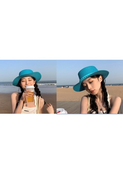 Macaron Renk Hasır Şapka Güneş Şapka Düz Üst Kore Moda Renk Zinciri ile Üst Şapka Akrilik Plaj Şapka Şeker Renk Güneş Şapka | Erkekler Güneş Şapkaları (Yurt Dışından)